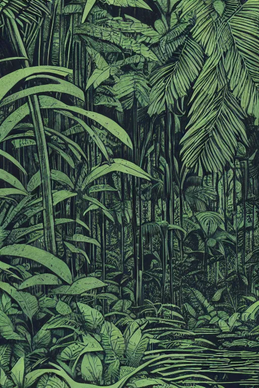 Image similar to a beautiful woodcut print of a lush jungle, 8 k, frostbite 3 engine, cryengine, dof, trending on artstation, digital art, crepuscular ray, art by valerie lueth and tugboat printshop