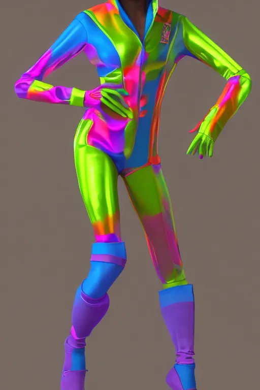 Prompt: a scene with a character wearing a super colorful fluo suit, vivienne westwood, detailed photoreal render octane render