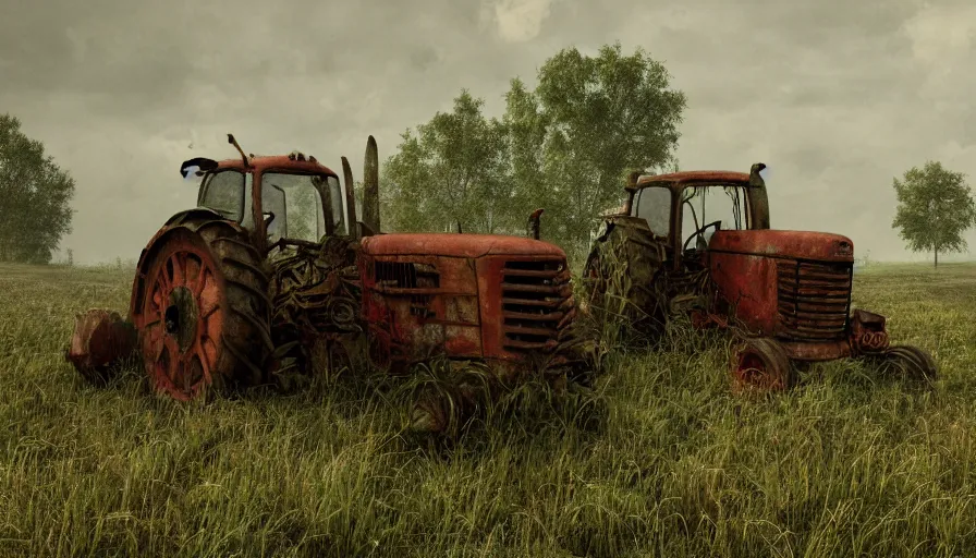 Prompt: abandoned old 2 0 0 0's belgian farm with vegetation, abandoned rusted tractor, morning, hyperdetailed, artstation, cgsociety, 8 k