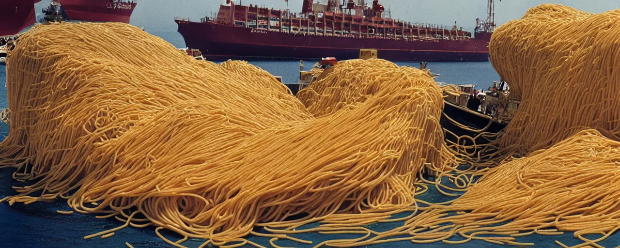 Image similar to a ship carrying a load of spaghetti across the ocean, national geographic, detailed, canon 2 0 mm, wes anderson, kodachrome