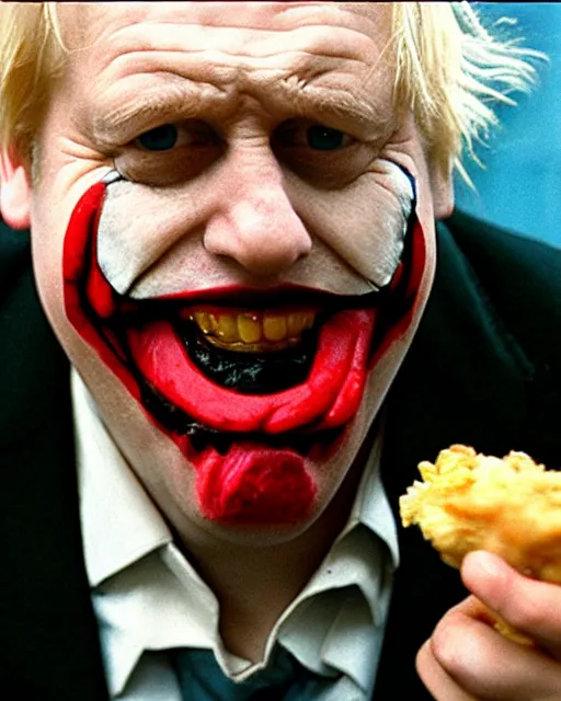 Prompt: film still close - up shot of boris johnson as the joker eating fried chicken from the movie the dark knight. photographic, photography