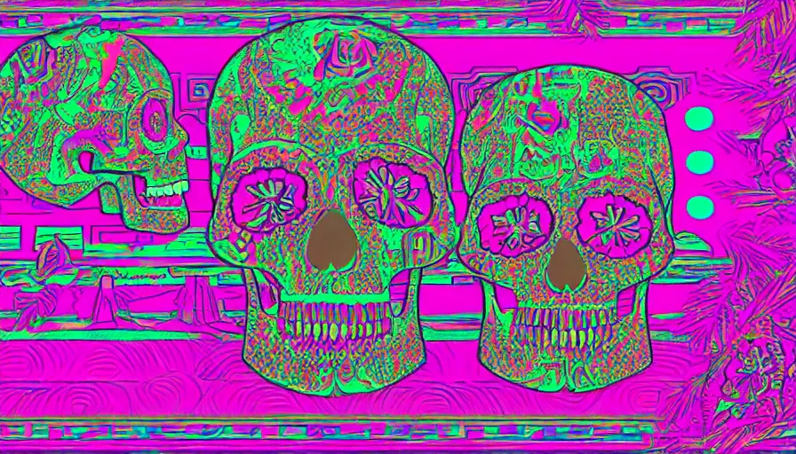 Prompt: aztec skull vaporwave style