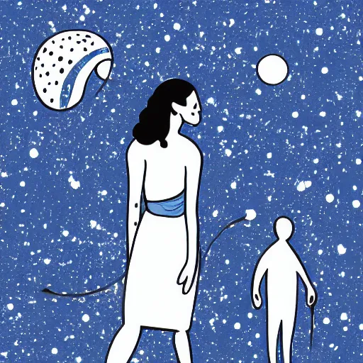 Image similar to woman and man against the background of the planet mercury in blue and white