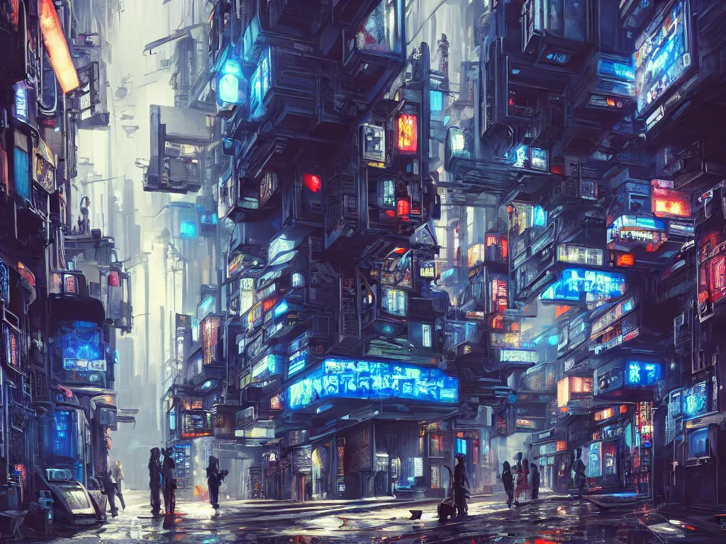 Prompt: realistic painting of a complex, gritty alleyway of a futuristic greebled city, piping, concept art, technological screens, cyberpunk style, holograms, cyberpunk ads, hieroglyphic signs, computation, intricate detail, noriyoshi ohrai and edward hopper, realism, blue color scheme, trending on artstation