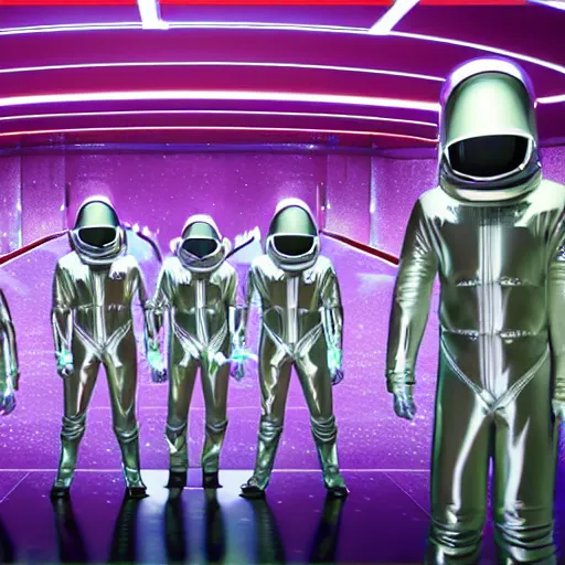 Image similar to 3 d rendered movie still saturday night fever wearing futuristic spacesuits.. 4 k, hyperrealistic, ue 5, ocatane, artgem, dramatic lighting.