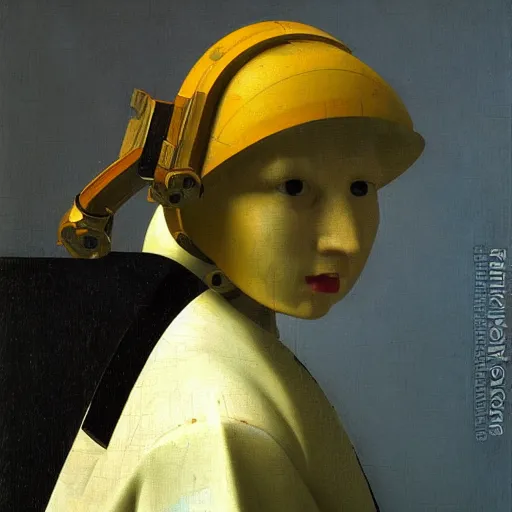 Prompt: a portrait of a detailed cybernetic robot by vermeer