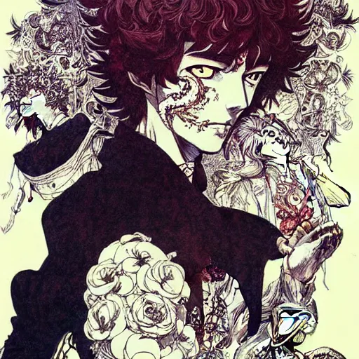 Image similar to prompt: Portrait painted in Cowboy Bebop style drawn by Vania Zouravliov and Takato Yamamoto, inspired by Fables, intricate acrylic gouache painting, high detail, sharp high detail, manga and anime 2000