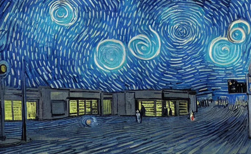 Image similar to people with posters attacking cops, a huge blue spiral - shaped white luminous attractor is floating on the horizon near the sun, stores in los angeles with light screens all over the street, concept art, art for the game, professional lighting, dark night lighting from streetlights, by van gogh