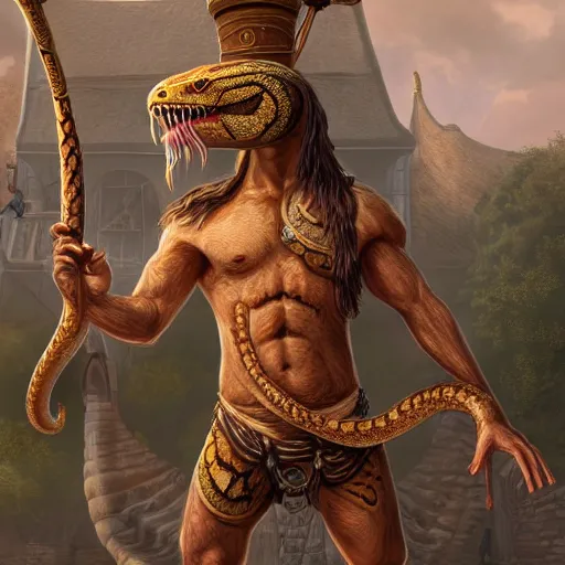 Image similar to Large snake with human upper body bearded bard holding a drum, ornately dressed, standing in populated Baldur\'s Gate city square, hyperdetailed, artstation, cgsociety, 8k