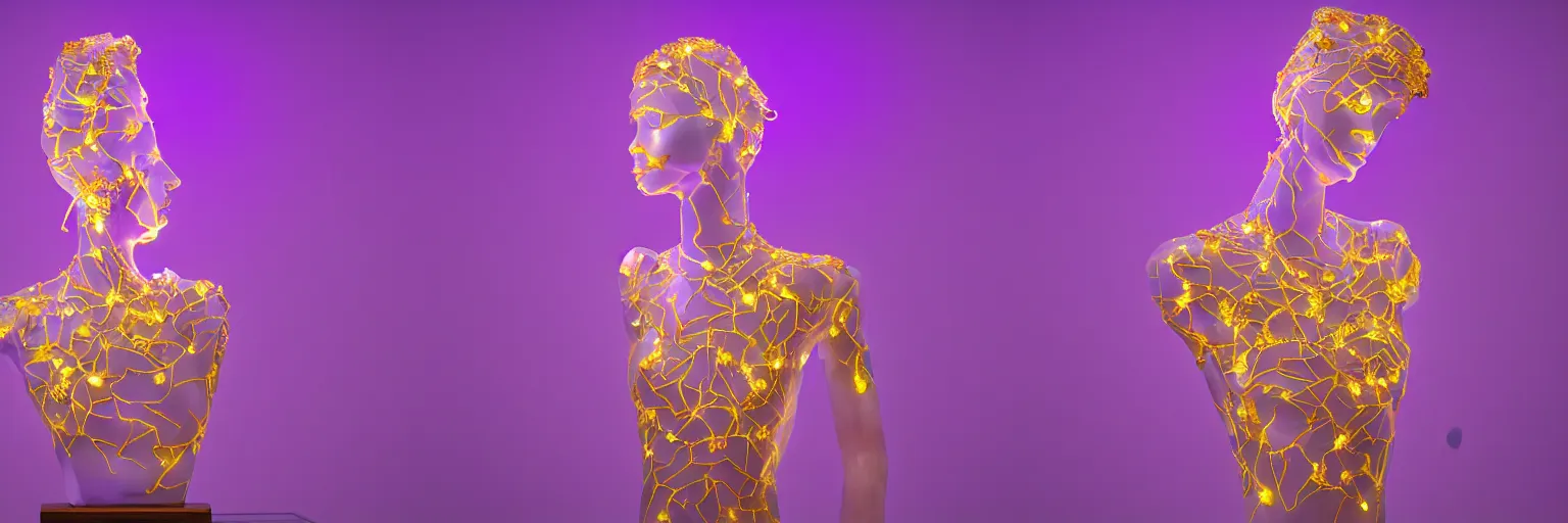 Image similar to beautiful mannequin sculpted out of amethyst by billelis + lit with geometric neon dripping gold + kintsugi, facing a doorway opening with neon pink geometric fractal light + flowering bonsai trees + lighting in background!!, transcendent, clean linework, dramatic, finely detailed, award winning, 4 k, trending on artstation, photorealistic, volumetric lighting, octane render