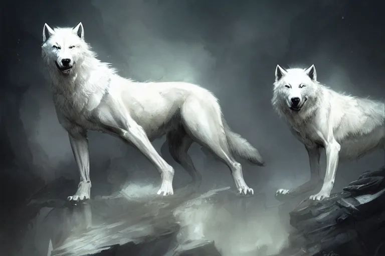 Image similar to white wolves painted by Bastien Lecouffe-Deharme and Cedric Peyravernay, trending on artstation, Frank Frazetta, 4k, 8k, HD