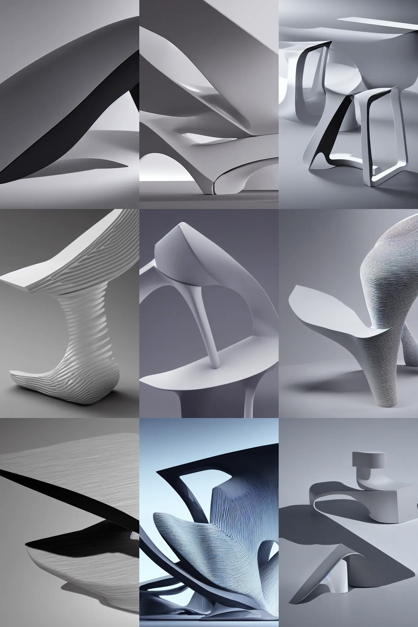 Prompt: a realistic rendering of stool, designed by zahahadid