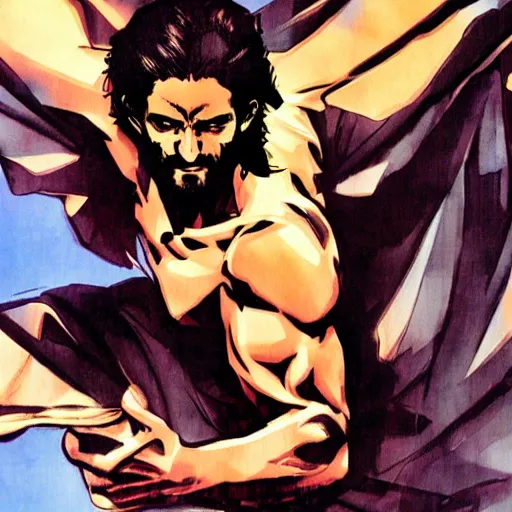 Image similar to jesus in a jojo dramatic pose, artwork by yoji shinkawa