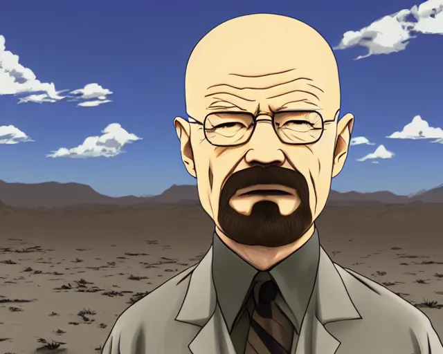 Image similar to walter white in a desert, anime artstyle, detailed, accurate, 4 k, cinematic, dynamic lighting