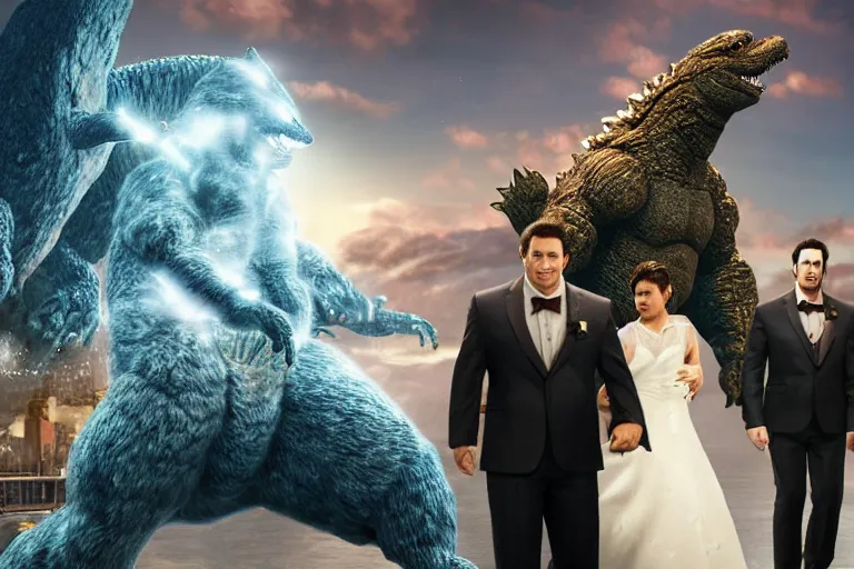 Image similar to a still from My Big Fat Greek wedding, wedding, wedding, with Fox McCloud and godzilla, octane render, nvidia raytracing demo, masterpiece