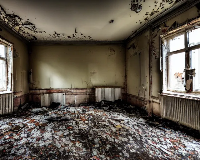 Prompt: Award winning photo of a living room of a flat abandoned 4 days ago, urban exploring, 4k, high quality