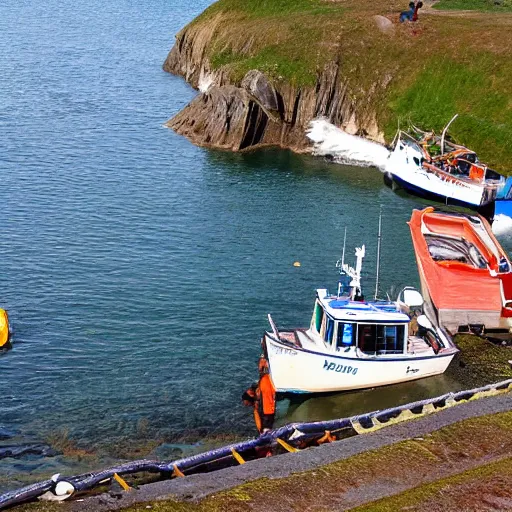 Prompt: fishing boat discarding fish and chips into the sea, zenith view