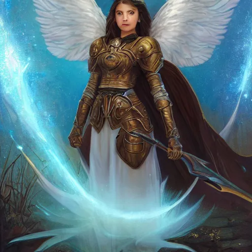 Image similar to portrait of young aasimar angel girl maiden wearing comfy leather armor with beautiful feathered angel wings, cute face, brown eyes, Alison Williams, Blizzard, Diablo, by artgerm and greg rutkowski and alphonse mucha and andrei riabovitchev, 4k oil on linen, vivid colors, colorful, high dynamic range, HDR, intricate, elegant, highly detailed, digital painting, artstation, concept art, smooth, sharp focus, illustration