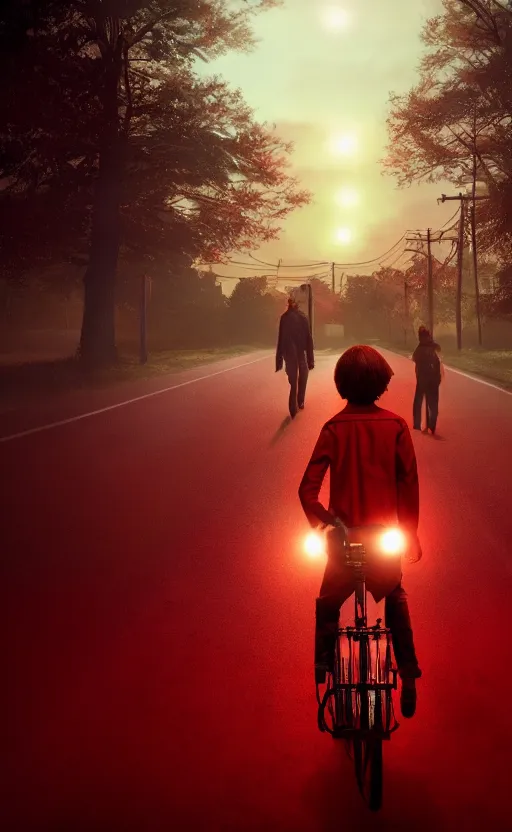 Image similar to stranger things inspired wallpaper, red ambience, at night, creepy over the street in the background, dynamic lighting, photorealistic fantasy concept art, trending on art station, stunning visuals, creative, cinematic, ultra detailed