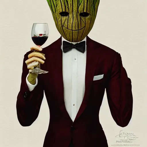 Prompt: realistic groot as a gentleman wearing tuxedo drinking wine, 1 0 0 mm, trending on artstation, behance, photorealistic, movie shot, studio lighting, 8 k