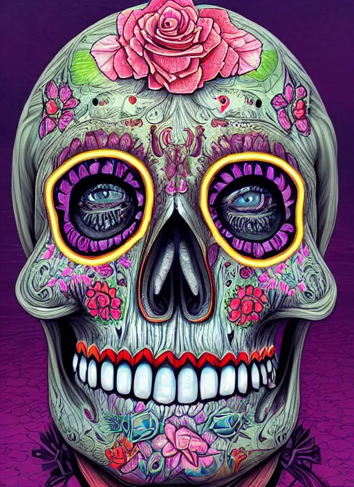 Image similar to portrait of a sugar skull, neon eyes, intricate, highly detailed, smooth, digital illustration, artstation, the dark and quirky art of scott radke