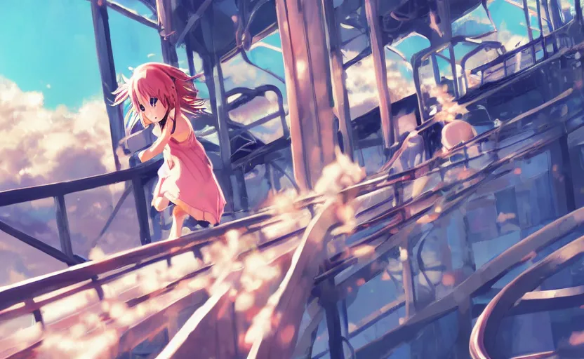Prompt: An anime girl riding a roller coaster, screaming with excitement, anime scenery by Makoto Shinkai, digital art