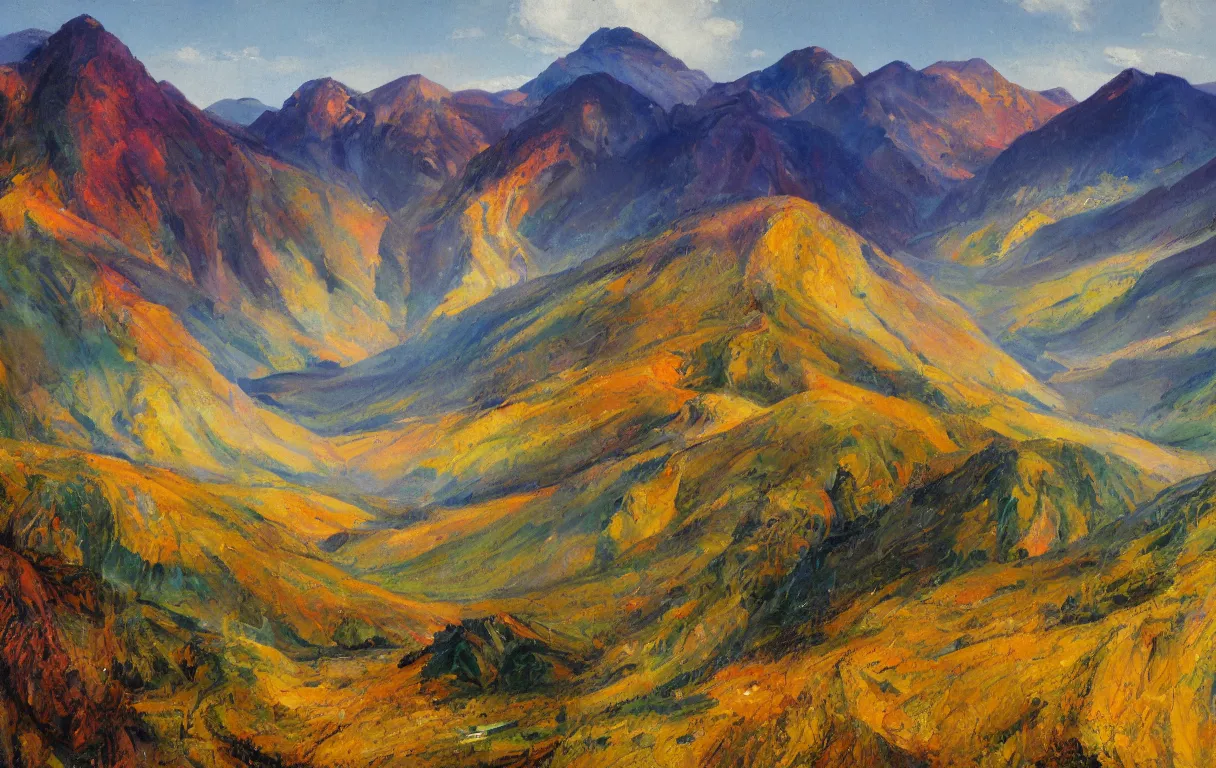 Prompt: Realist colorful impasto painting of the Salmon River mountains by John Harris, 4k scan, oil on canvas, visible brushstrokes