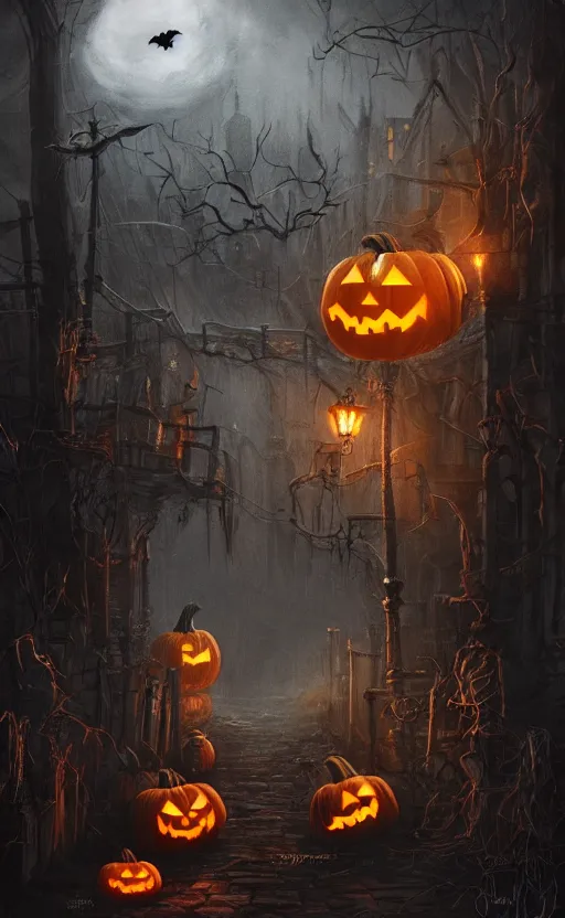 Image similar to a creepy and eery Halloween setting, with Jack o lanterns on the street and shadow figures lurking about, dynamic lighting, photorealistic fantasy concept art, stunning visuals, creative, cinematic, ultra detailed, trending on art station, spooky vibe