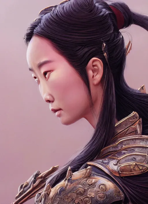 Prompt: realistic detailed painting of Mulan wearing sculpted textured armor, intricate complexity, close-up of the front of the face, super sophisticated texture, resolute expression, by Guweiz, split lighting, 4K resolution, symmetric, clear facial features, golden ratio, Kojima, Amano, Charlie Bowater, Karol Bak, rich deep colors, Unreal Engine 5