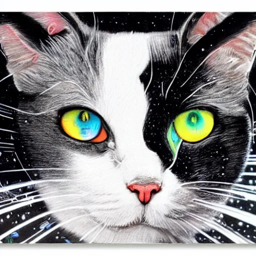 Image similar to a painting of a black and white cat in a cosmic scenic environment by sandra chevrier, hyperdetailed