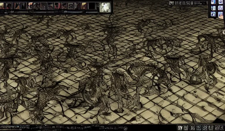 Prompt: Fighting eldritch horrors in an FPS, PC game with UI, by Junji Ito