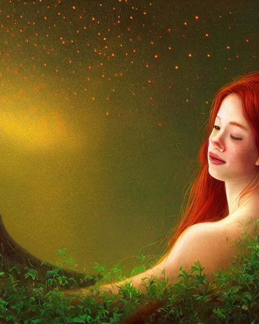 Image similar to a young woman, smiling, amazed by the lights of golden fireflies, sitting in the midst of nature fully covered, long loose red hair, intricate linework, dreamy green eyes, small nose with freckles, oval shape face, realistic, expressive emotions, dramatic lights, spiritual scene, hyper realistic ultrafine digital art by james jean and albert bierstadt