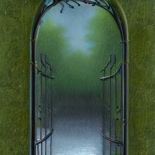 Image similar to delicate rain, symmetric, chairs, garden, paved, botanic watercolors, iridescent, 8 k, realistic shaded, fine details, artstation, italian, iron gate, tree, mediterranean, marvelous