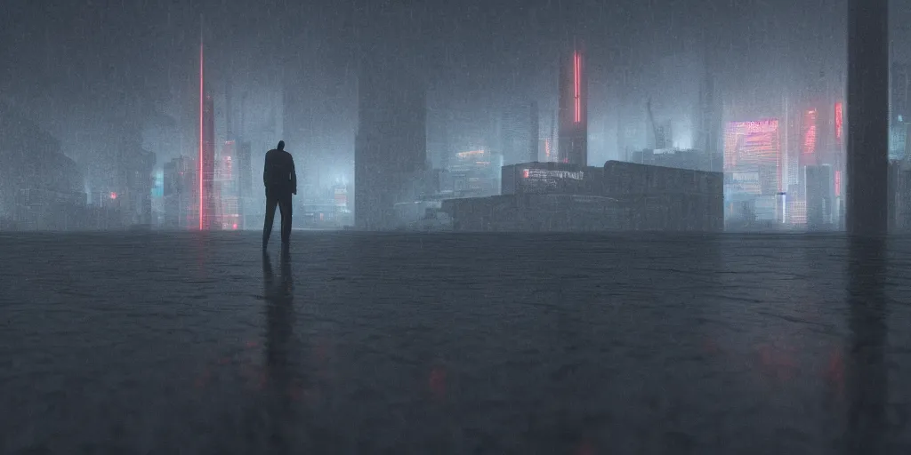 Prompt: detailed man silhouette, octane renderer, stormy weather, atmospheric establishing shot, rain, night, cinematic render, end of the world, apocalypse, environment art, trending on ArtStation, ultra detailed technological city, hyper detailed steel and glass building, unreal engine, reflections, volumetric red fog, blade runner cinematography, detailed dark clouds, neon lights, futuristic vehicles