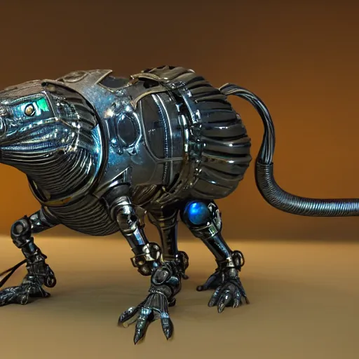 Image similar to Cybernetic rat with glowing metallic armor, photorealistic, unreal engine, detailed