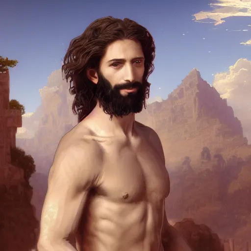 Image similar to an extremely detailed matte painting of a ridiculously good looking jesus that looks like a jewish gigachad with his 1 2 apostle entourage, long curly hair, elegant ancient greek dress, very detailed, windy beach, beautiful, intricate, cinematic, artstation, william bouguereau, alphonse mucha, greg rutkowski, rossdraws, octane render