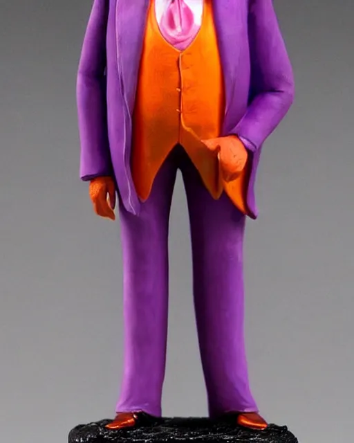 Image similar to maquette sculpture of donald trump as willy wonka, he is wearing a victorian era purple jacket and pants, and a velvet purple top hat over his long orange hair. he is holding a candy cane colored cane. his skin is an orange color like an oompa loompa. in the style of sideshow collectibles, highly detailed sculpture