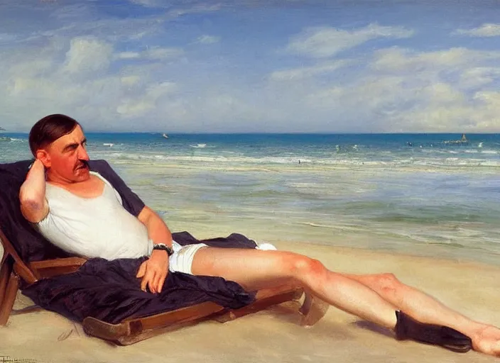 Image similar to adolf hitler sunbathing at an argentinian beach by vladimir volegov and alexander averin and delphin enjolras