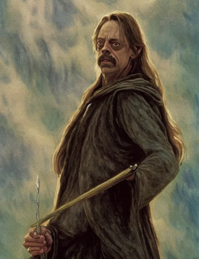 Prompt: steve buscemi in lotr. gouache fairytale art, russian romanticism, muted palette, backlighting, depth of field