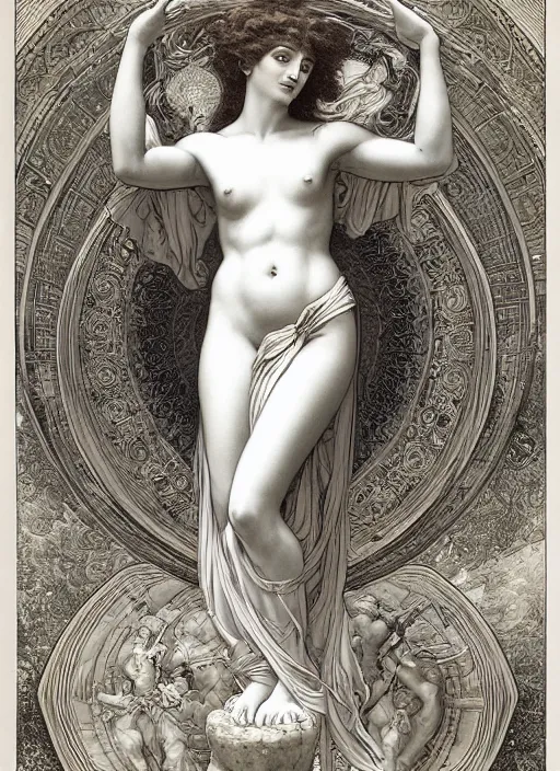 Prompt: aphrodite in paradiso. sacred geometry. clouds. sun rays. bliss. enlightenment. ascension. gustave dore. dappled light. cinematic lighting. in the art style of mucha