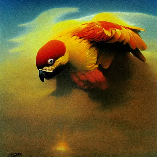 Image similar to realistic high speed photograph of the eldritch sun conure rising from the ocean depths surging with dark power by Zdzisław Beksiński