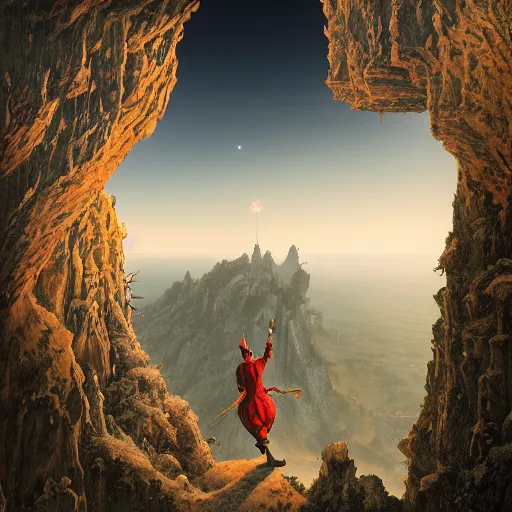 Image similar to full - body pose of a medieval jester standing on a cliff looking out over a vast valley, hyper detailed, bioluminescent, background fortress, digital art, golden, trending in artstation, cinematic lighting, studio quality, smooth render, unreal engine 5 rendered, octane rendered, by karol bak and greg rutkowski, giger, maxim verehin