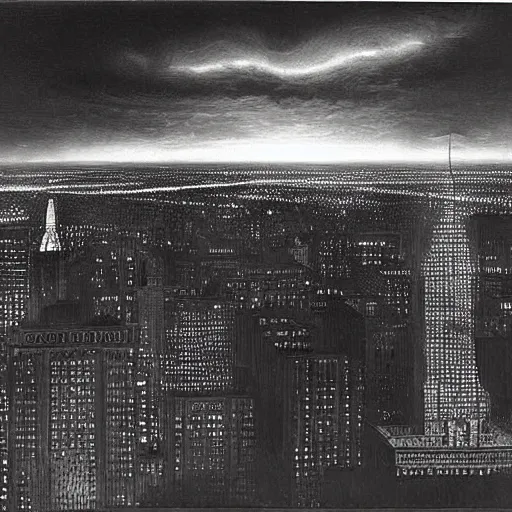 Prompt: photorealistc painting of a nightmarish boston downtown skyline in 1 9 2 5 at night with a horrifying sky, aerial view, dark, brooding, night, atmospheric, horror, cosmic, ultra - realistic, smooth, highly detailed by dave dorman