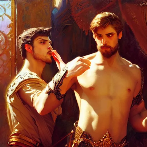 Image similar to attractive fully clothed king confesses his love for his attractive fully clothed male prince. highly detailed painting by gaston bussiere, craig mullins, j. c. leyendecker 8 k