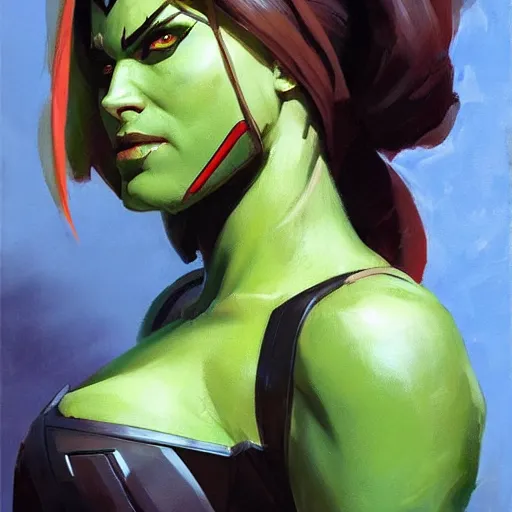 Prompt: greg manchess portrait painting of armored gamora as overwatch character, medium shot, asymmetrical, profile picture, organic painting, sunny day, matte painting, bold shapes, hard edges, street art, trending on artstation, by huang guangjian and gil elvgren and sachin teng