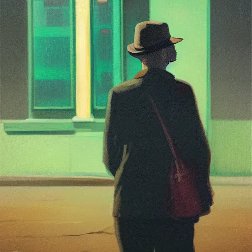 Image similar to a portrait painting of a lonely man with a skull as his head waiting for the bus at night, green dramatic and cinematic light from the streetlight, the sky is full of stars, in the style of edward hopper, 4 k,