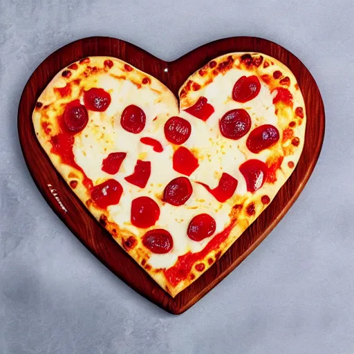 Image similar to heart shaped plain magerhita cheese pizza, 4 - 5 cherry tomata served on a wooden plate, no toppings only cheese ( ( ( no pepperoni ) ) )