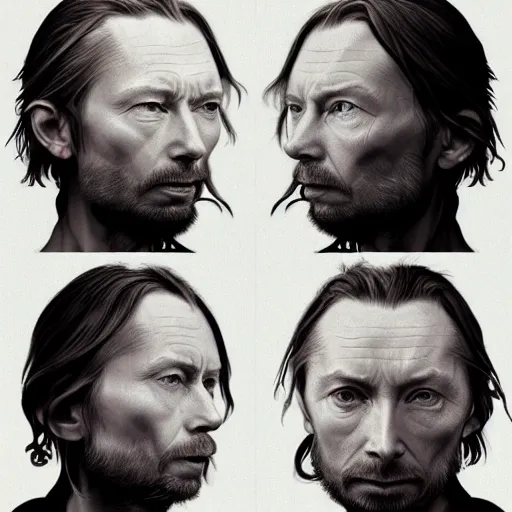 Prompt: collages, hyper realistic, many variations portrait of very old thom yorke, face variations, singer songwriter, ( side ) profile, liminal space, by lee bermejo, alphonse mucha and greg rutkowski, greybeard, smooth face, cheekbones, various versions