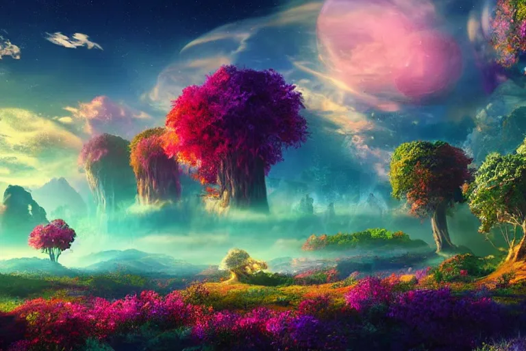 Prompt: Landscape of a beautiful enchanted fantasy world. Colorful. Planet in the sky. Cinematic lighting. Photorealism.