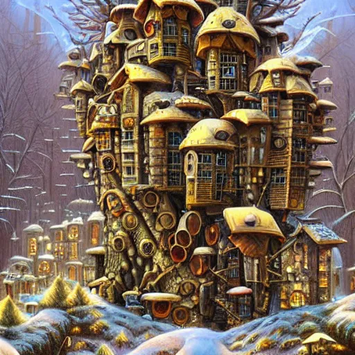 Prompt: a steampunk village built like a bie hive in a snowy forest , by Naoto Hattori,